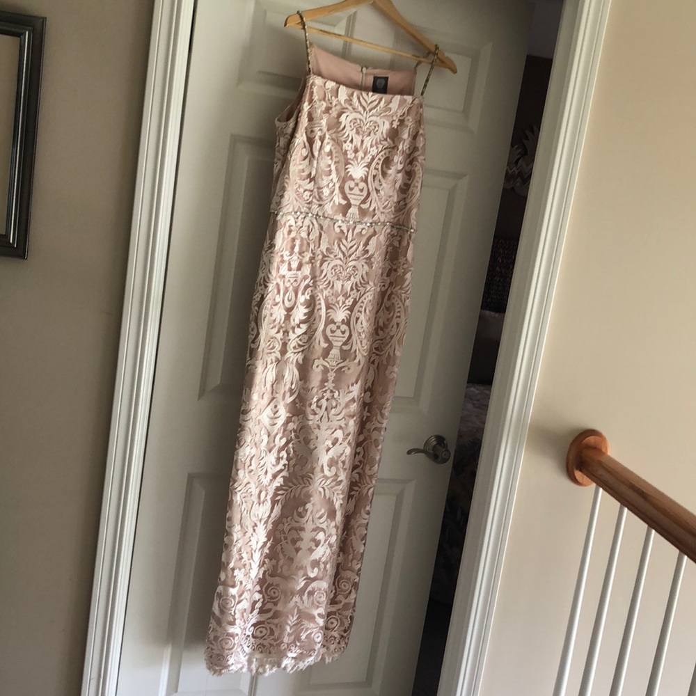 Vince Camuto champagne lace dress with “bling” belt, size 12